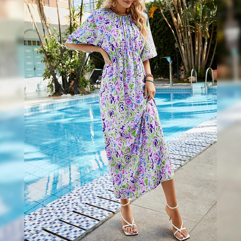 Casual Vacation Floral Swing Dresses Short Sleeve Wholesale Bohemian Dress For Women