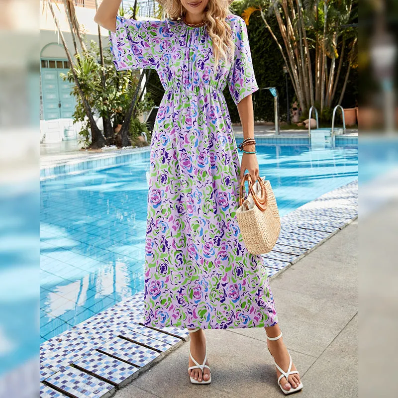 Casual Vacation Floral Swing Dresses Short Sleeve Wholesale Bohemian Dress For Women