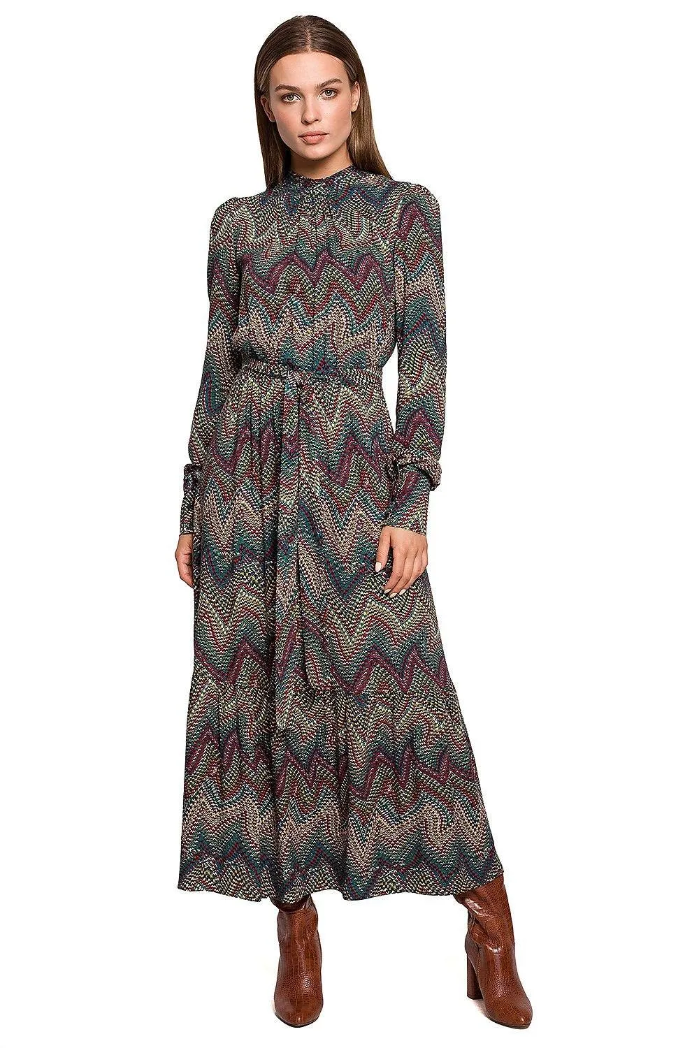 Chic Aztec Print Ruffle Maxi Dress with Stand-up Collar