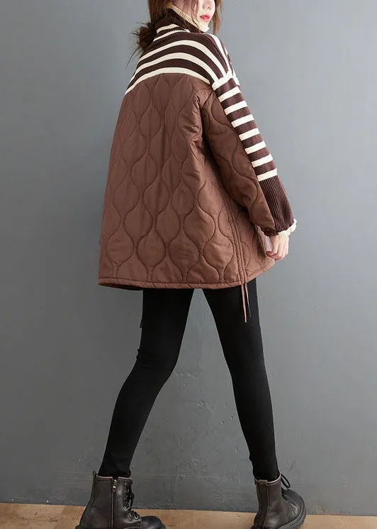 Chocolate Striped Knit Patchwork Fine Cotton Filled drawstring Winter sweaters Coat