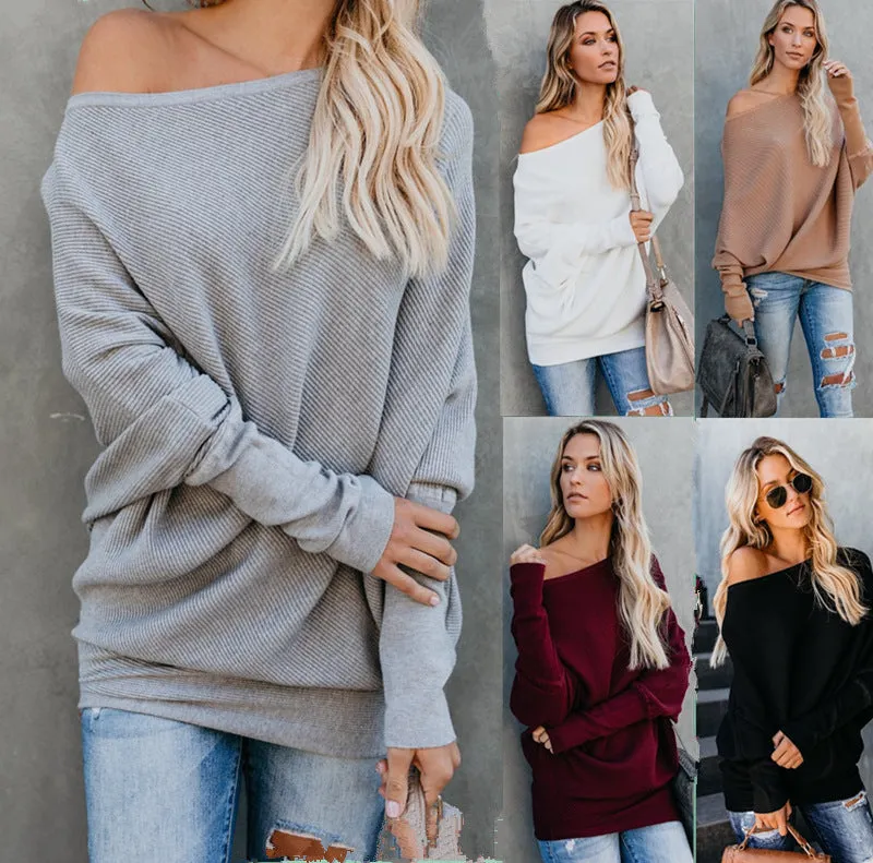 Cold Shoulder Batwing Sleeves Loose Sweater