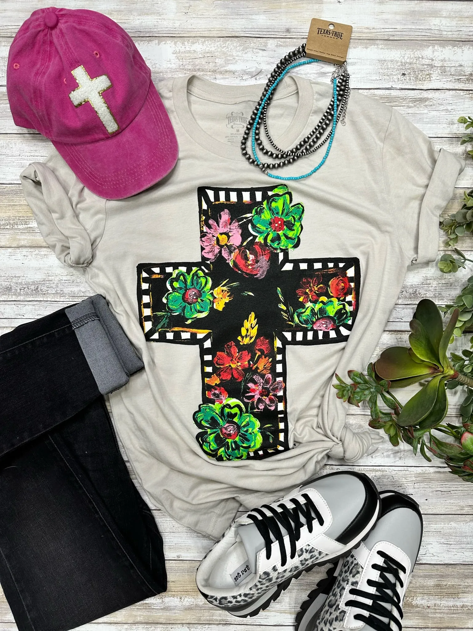 Cream Callie's Floral Cross Tee by Texas True Threads