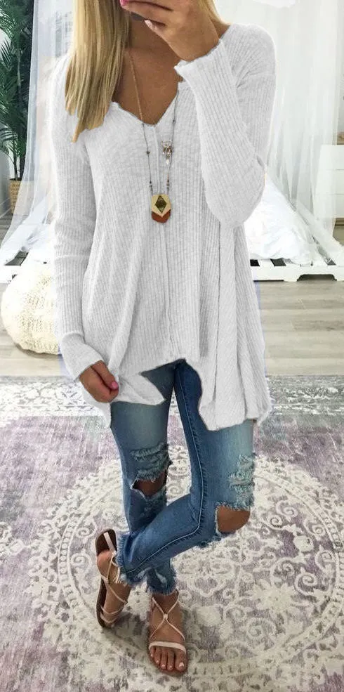 Deep V-neck Irregular Loose Solid Color Women Loose Sweater