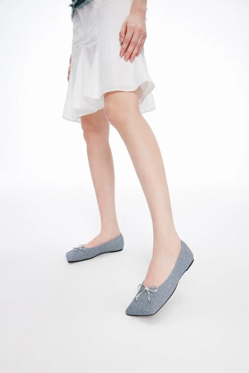 Denim Square Toe Bow Ballet Shoes