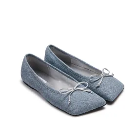 Denim Square Toe Bow Ballet Shoes