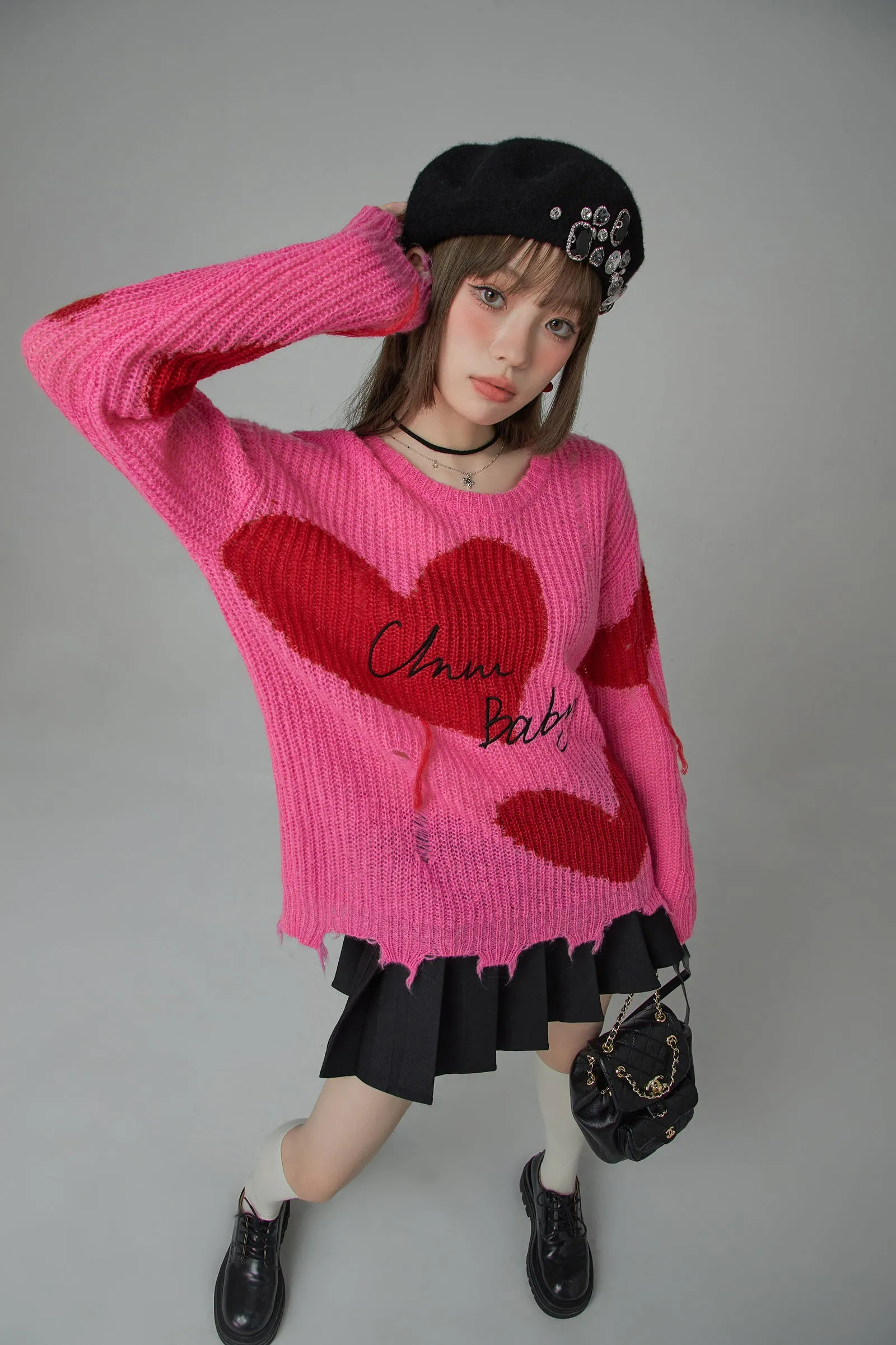 Distressed Heart Loose Fit Sweater