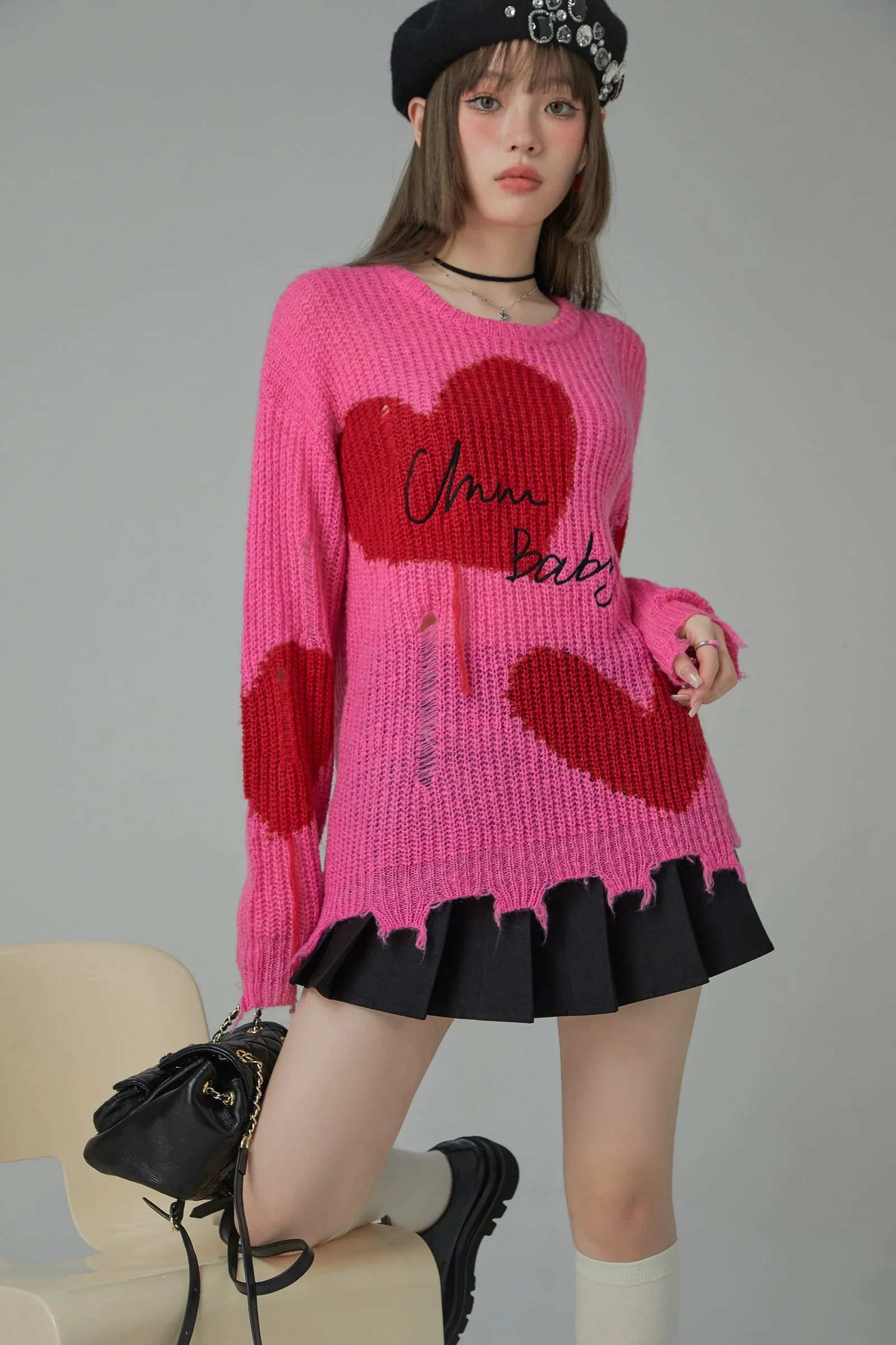 Distressed Heart Loose Fit Sweater