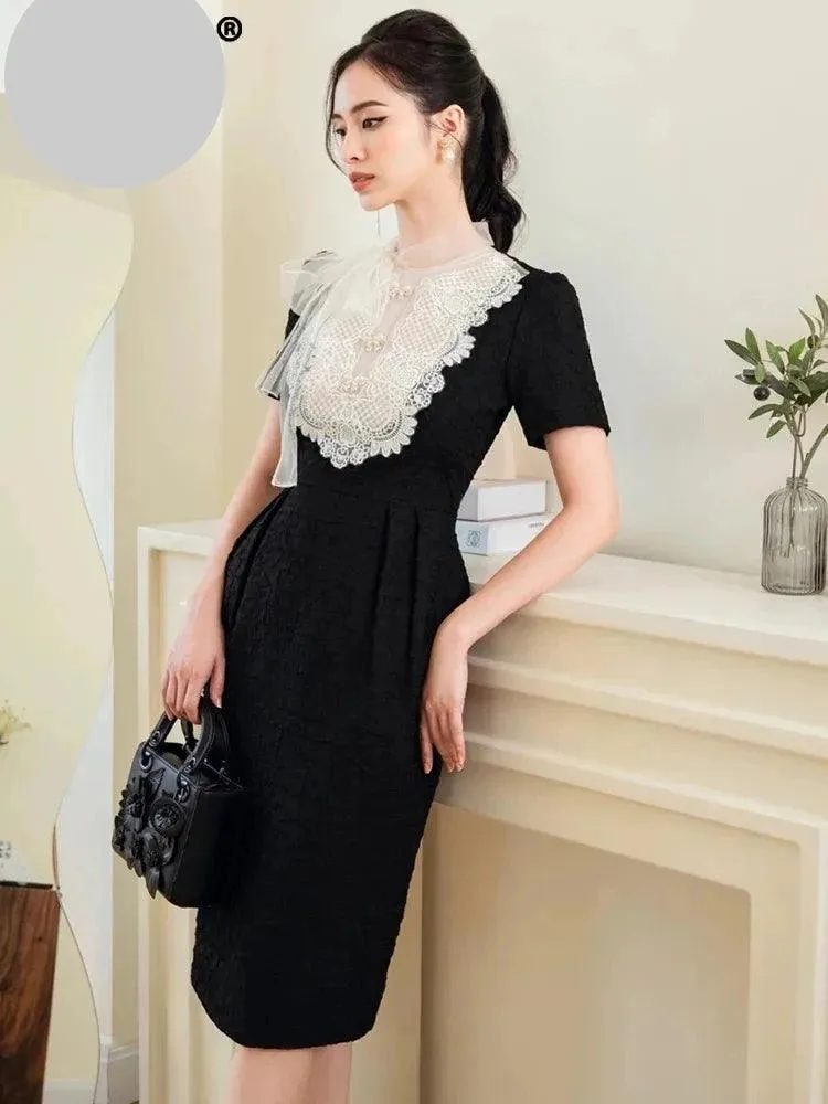 Elegant Embroidered Lace Dress with Stylish Ribbon Accents