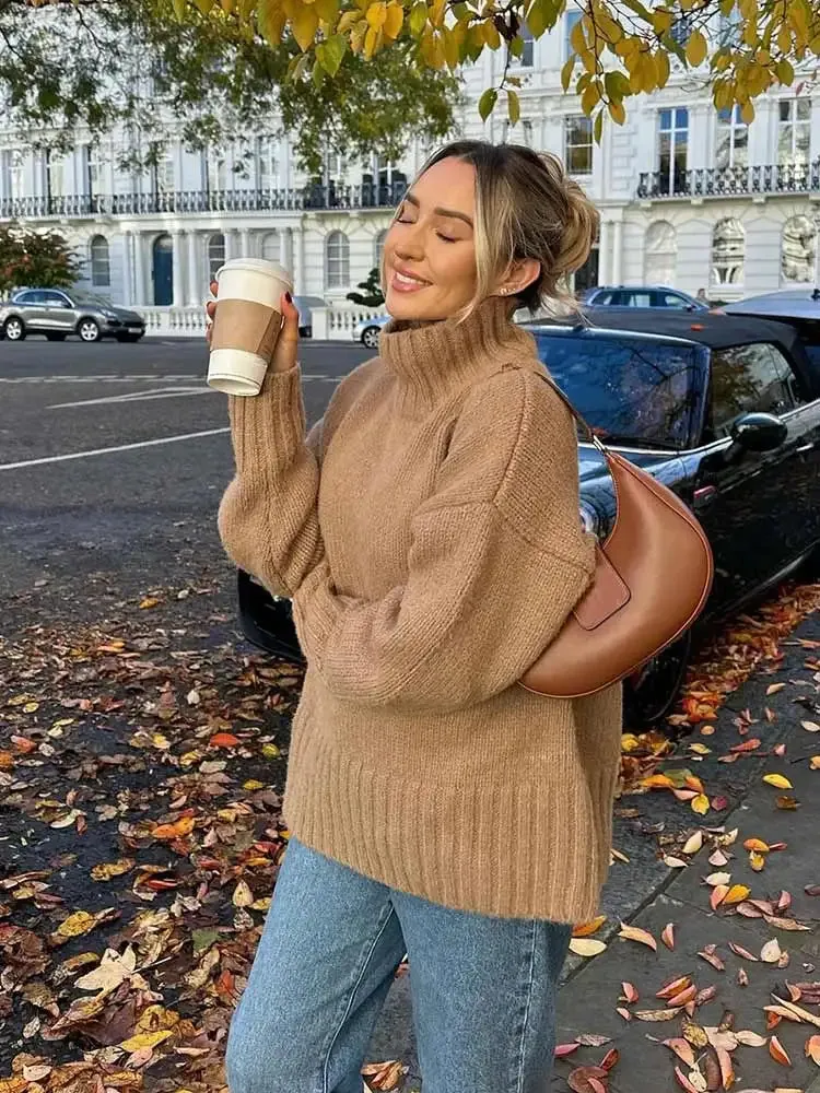 Elegant Solid Turtleneck Knitted Women Casual Long Sleeve Loose Sweater