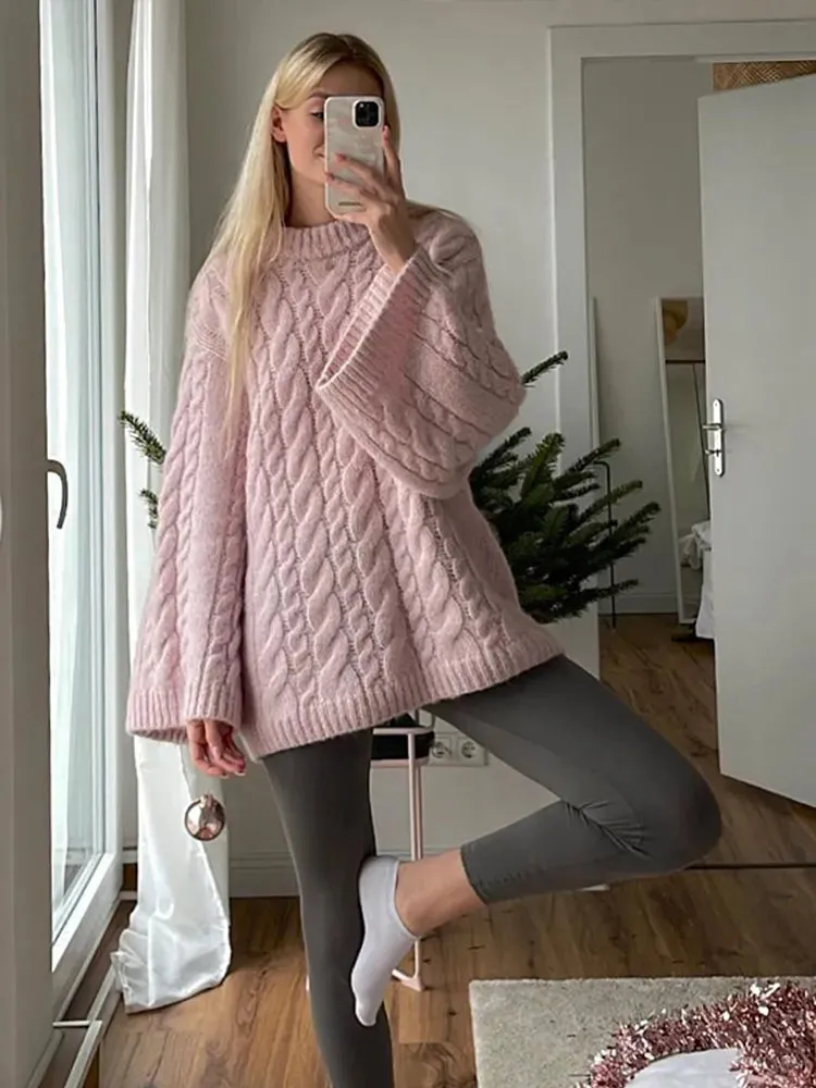 Elegant Sweet Pink Round Neck Knitted Women Casual Long Sleeve Loose Warm Sweater