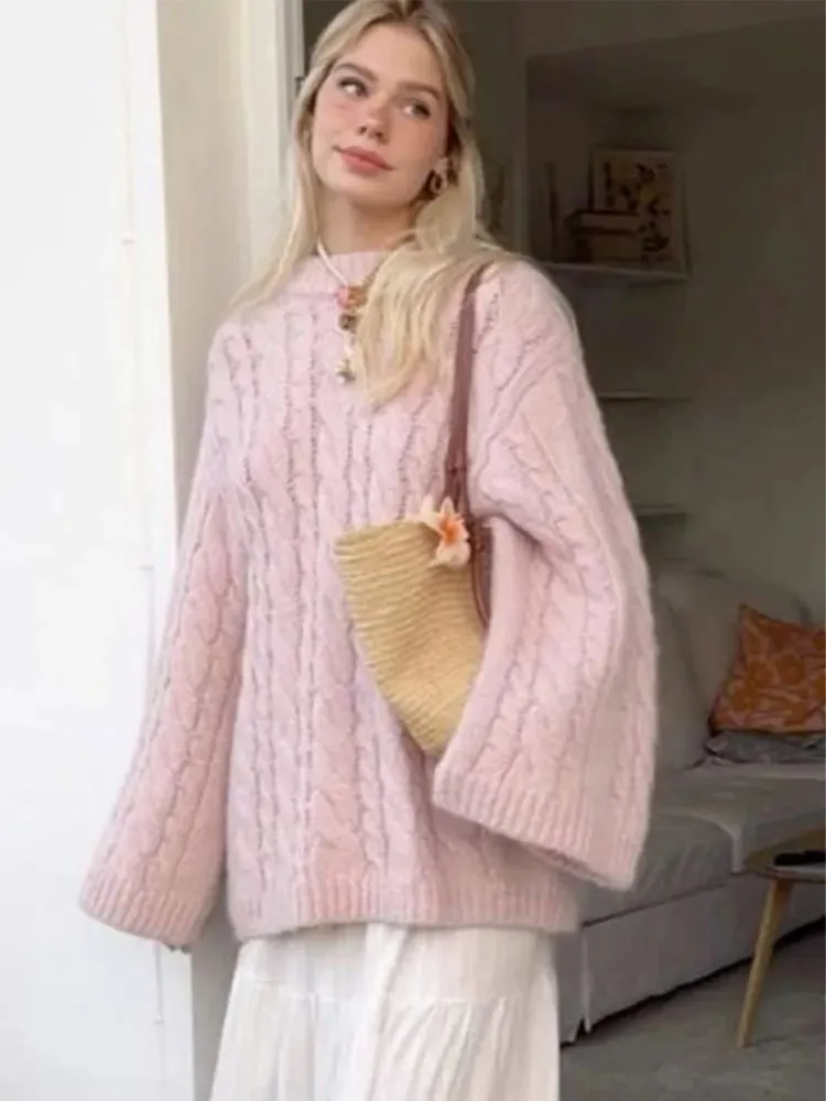 Elegant Sweet Pink Round Neck Knitted Women Casual Long Sleeve Loose Warm Sweater