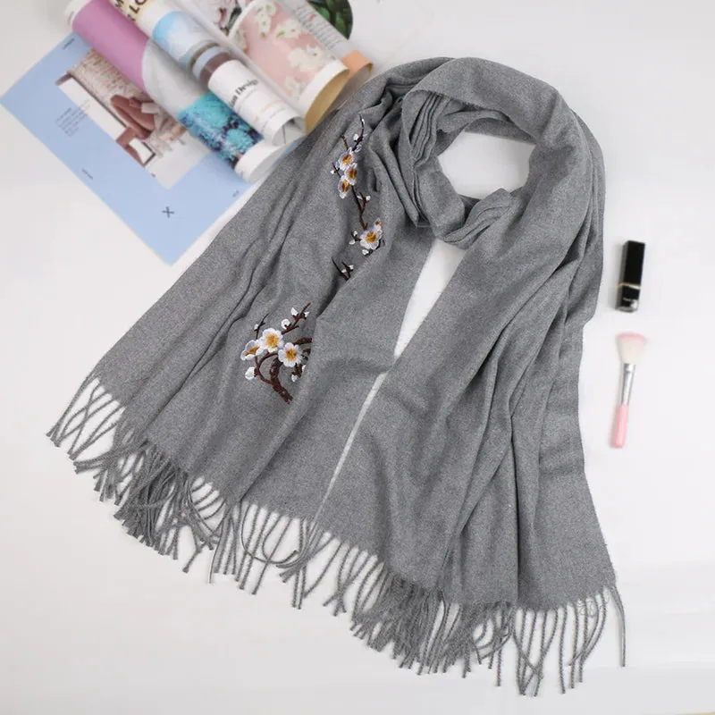 Embroidery Cashmere Winter Flower Pashmina Warm Shawl Tassels Vintage Scarf