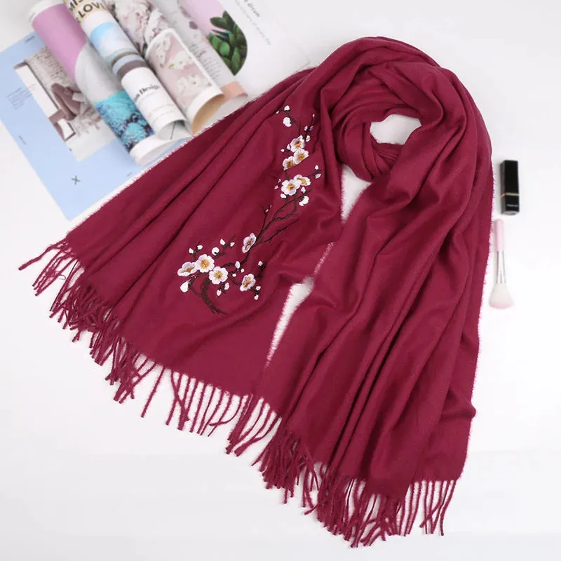 Embroidery Cashmere Winter Flower Pashmina Warm Shawl Tassels Vintage Scarf