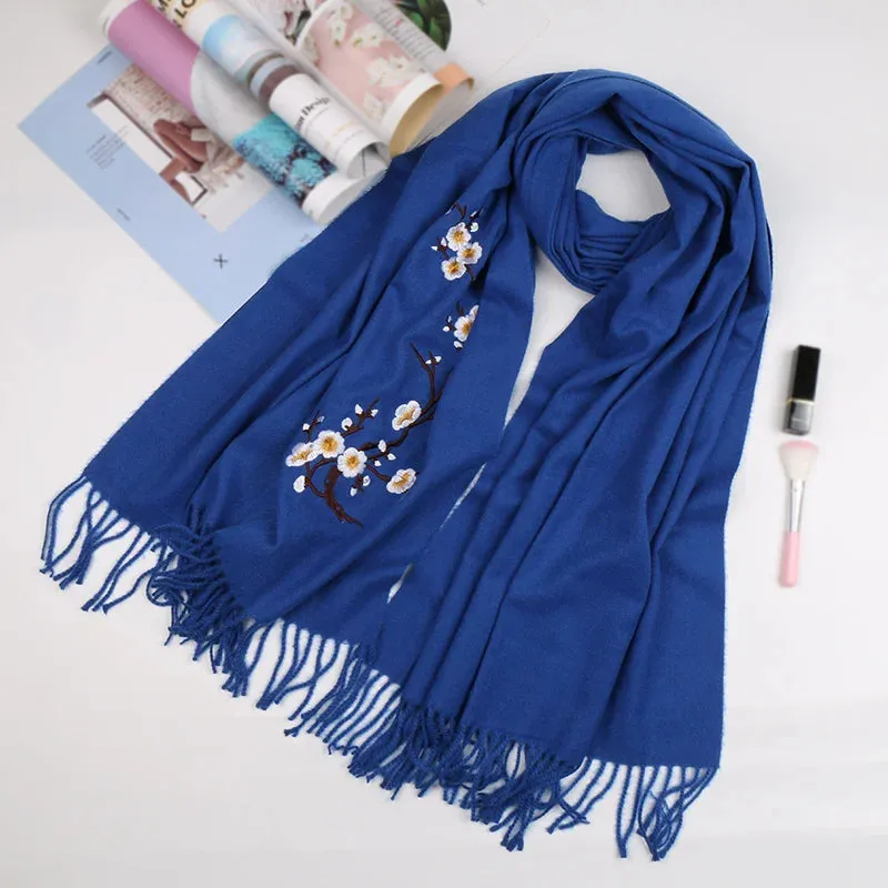 Embroidery Cashmere Winter Flower Pashmina Warm Shawl Tassels Vintage Scarf