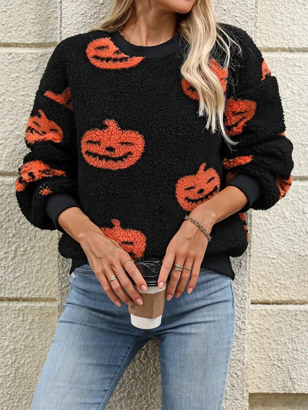 Fashion Loose Halloween Print Plush Loose Pullover Sweatshirt