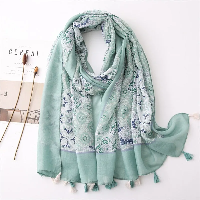 Floral Tassel Viscose Shawl Scarf