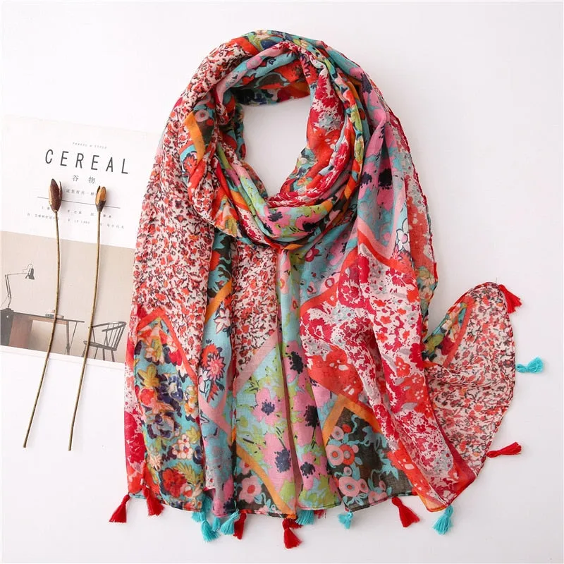 Floral Tassel Viscose Shawl Scarf