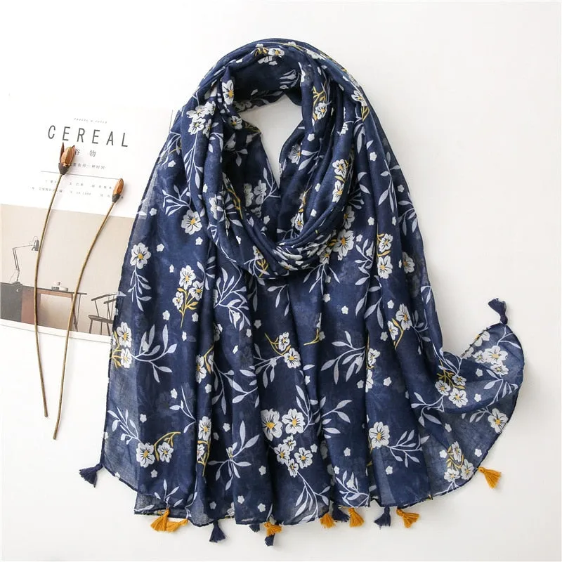 Floral Tassel Viscose Shawl Scarf