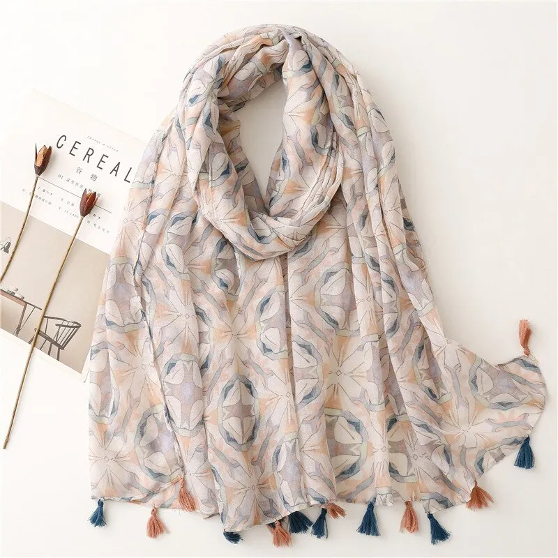 Floral Tassel Viscose Shawl Scarf