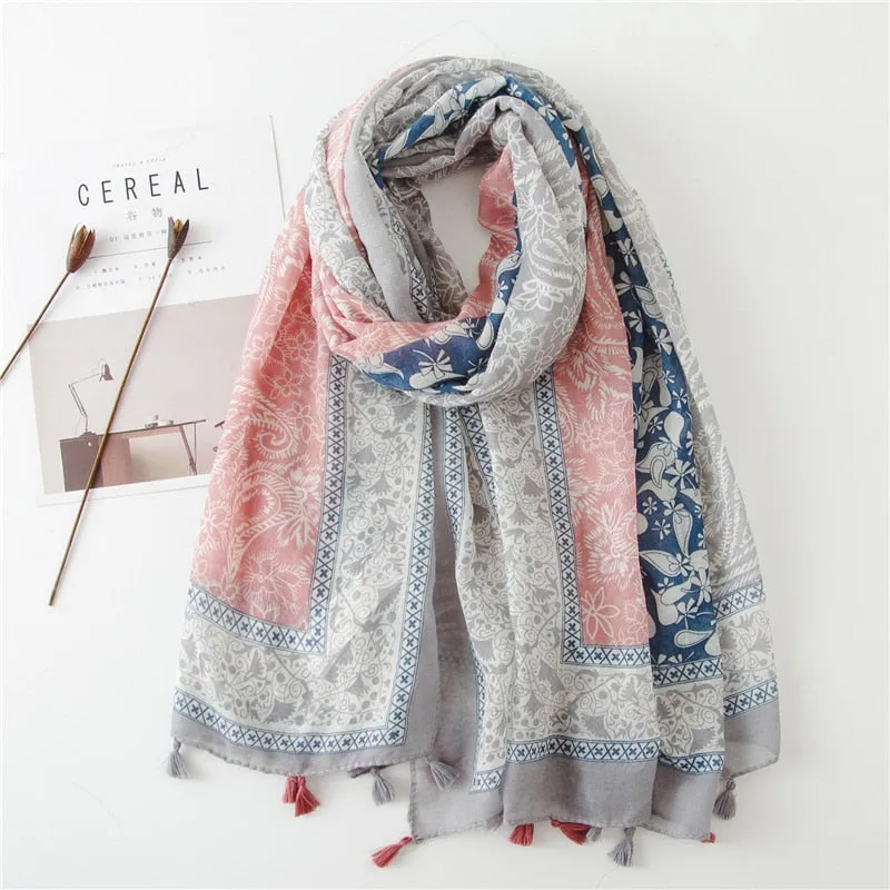 Floral Tassel Viscose Shawl Scarf