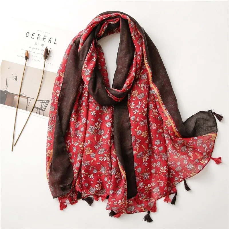 Floral Tassel Viscose Shawl Scarf