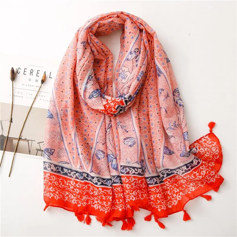 Floral Tassel Viscose Shawl Scarf