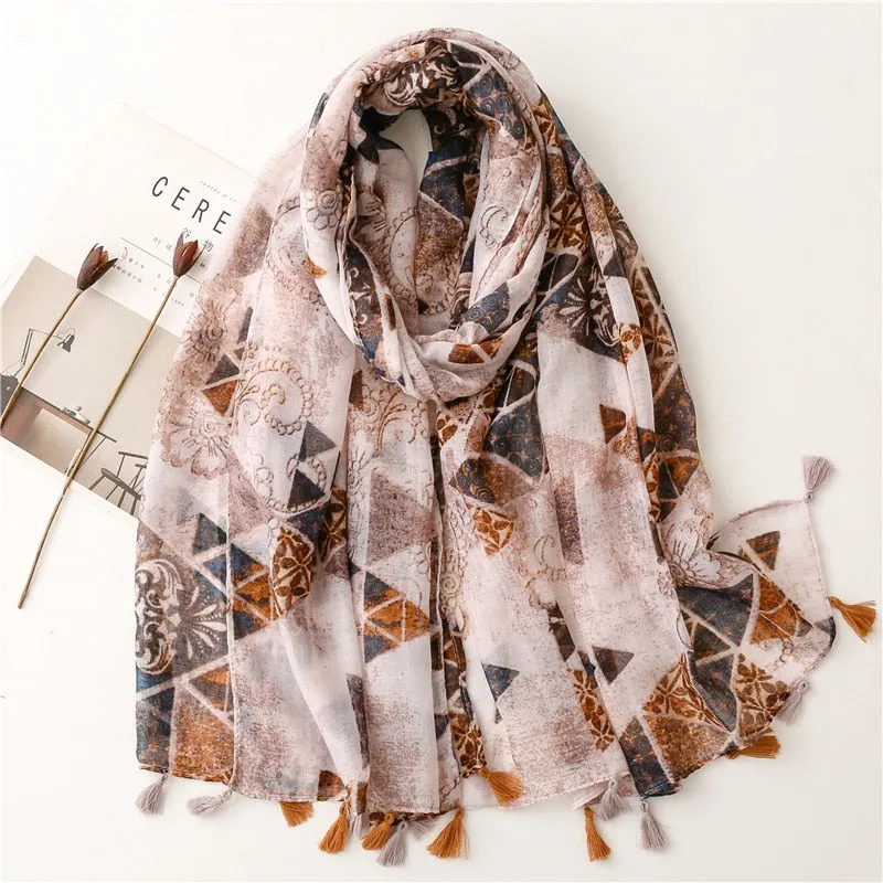 Floral Tassel Viscose Shawl Scarf