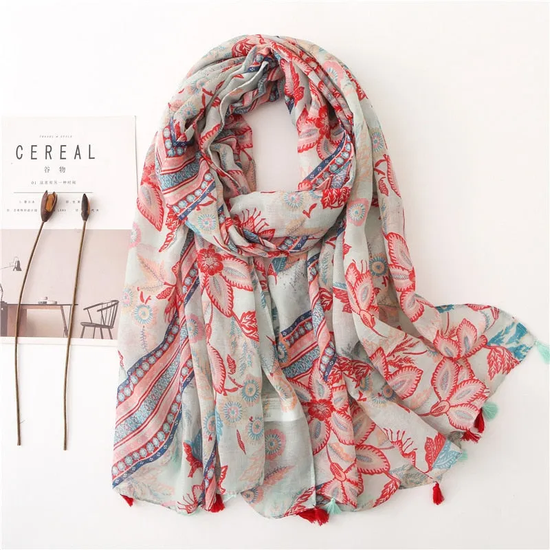 Floral Tassel Viscose Shawl Scarf