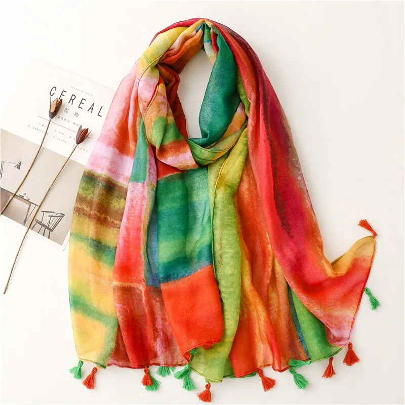 Floral Tassel Viscose Shawl Scarf