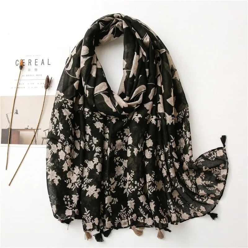 Floral Tassel Viscose Shawl Scarf