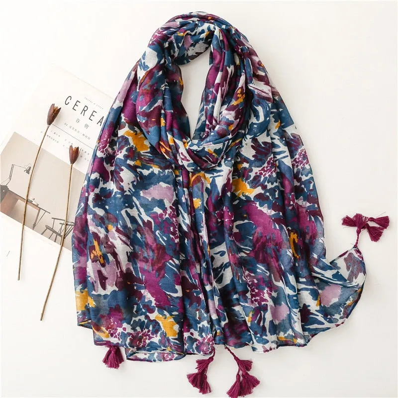 Floral Tassel Viscose Shawl Scarf