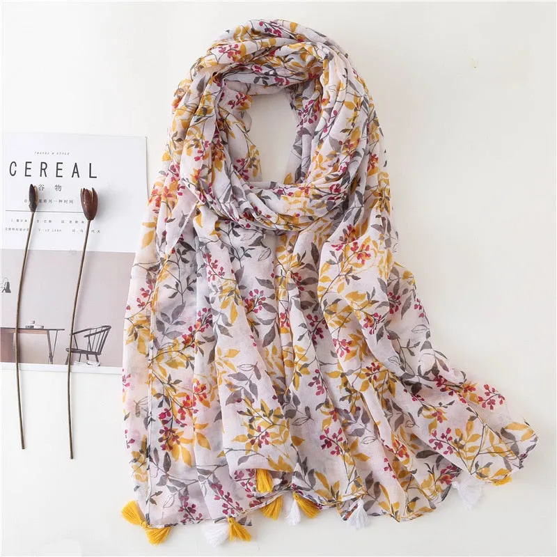 Floral Tassel Viscose Shawl Scarf