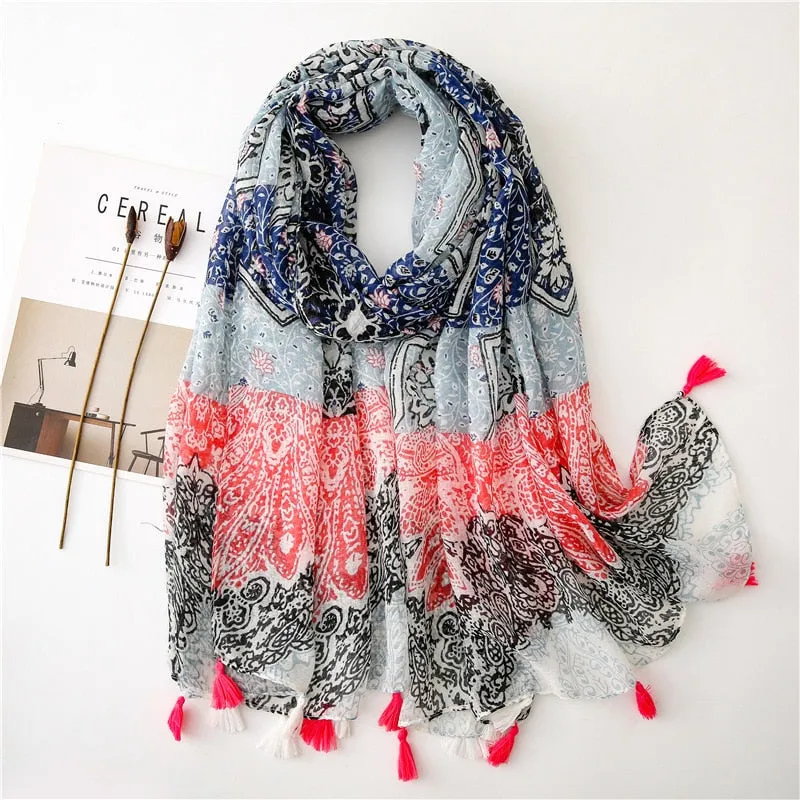 Floral Tassel Viscose Shawl Scarf