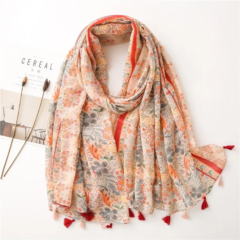 Floral Tassel Viscose Shawl Scarf