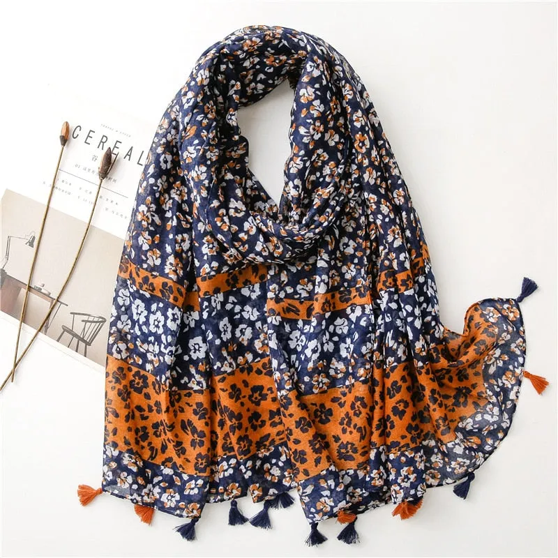 Floral Tassel Viscose Shawl Scarf