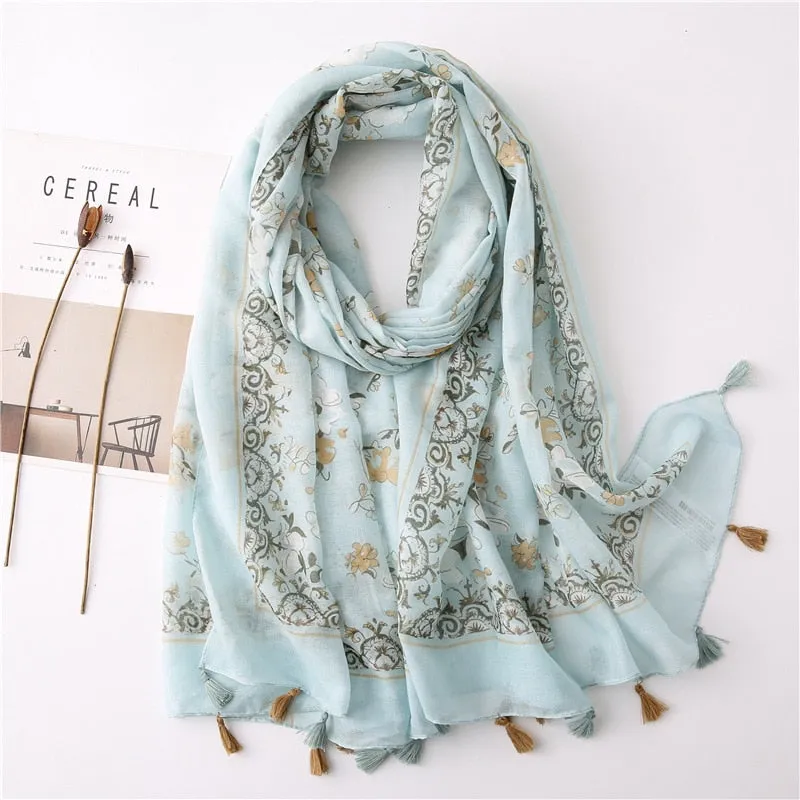 Floral Tassel Viscose Shawl Scarf