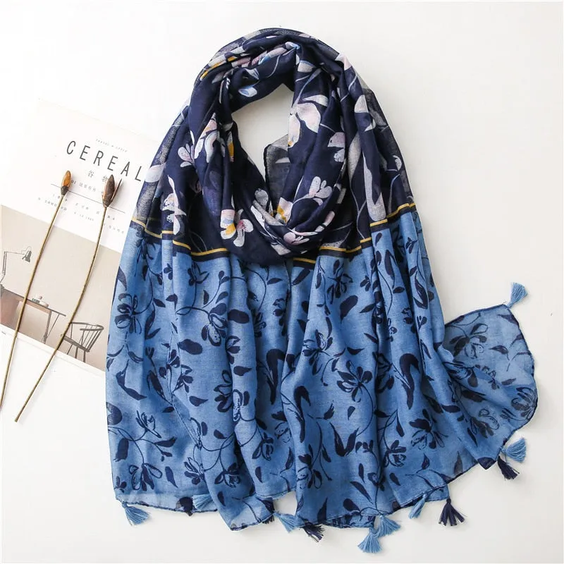 Floral Tassel Viscose Shawl Scarf