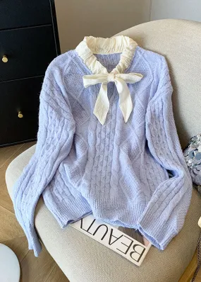 French Blue Bow Patchwork Knit Sweaters Tops Fall QL059