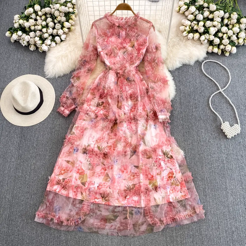 Long Sleeve Stand Collar A Line Printed Chiffon Dress Elegant Long Dress 1373