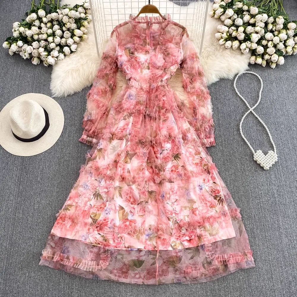 Long Sleeve Stand Collar A Line Printed Chiffon Dress Elegant Long Dress 1373