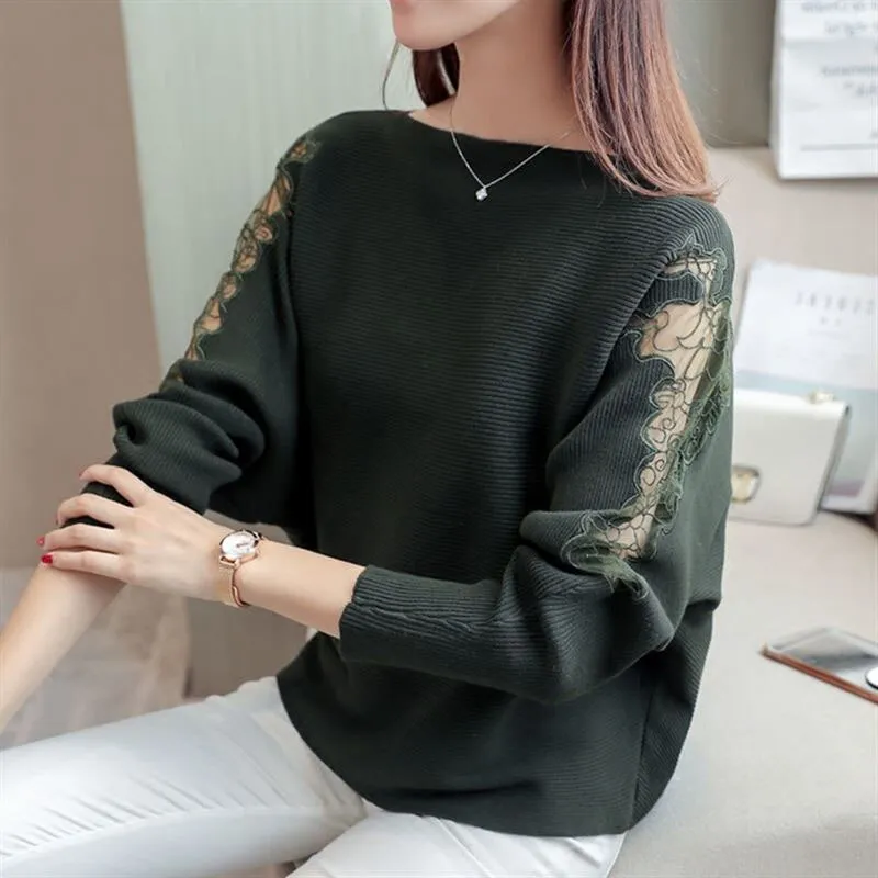 Loose Batwing Knitted Pullover Tops Lace Decoration