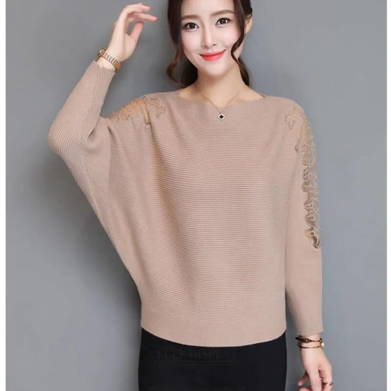 Loose Batwing Knitted Pullover Tops Lace Decoration