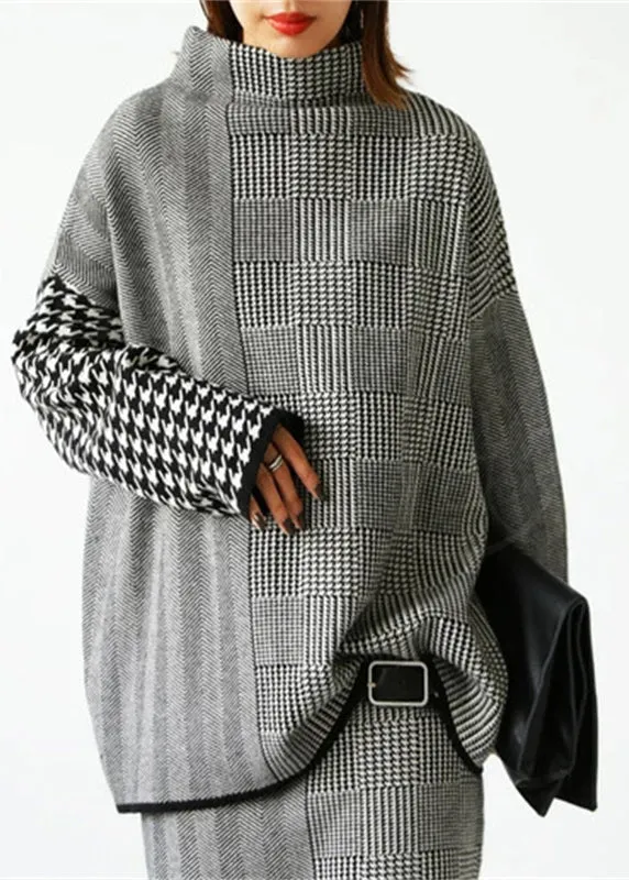 Loose Grey Plaid Knit Sweaters And Skirts Two Piece Set Outfits Fall WE017