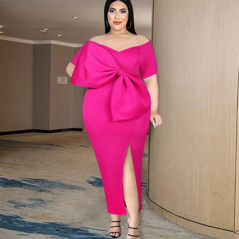 Off Shoulder Big Bow Cocktail Plus Size Dress