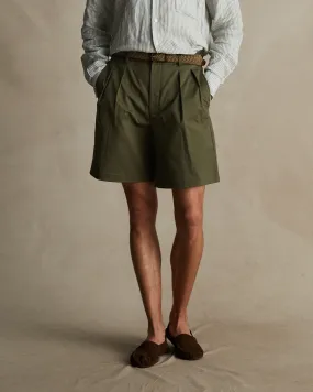 Olive Pleated Chino Shorts