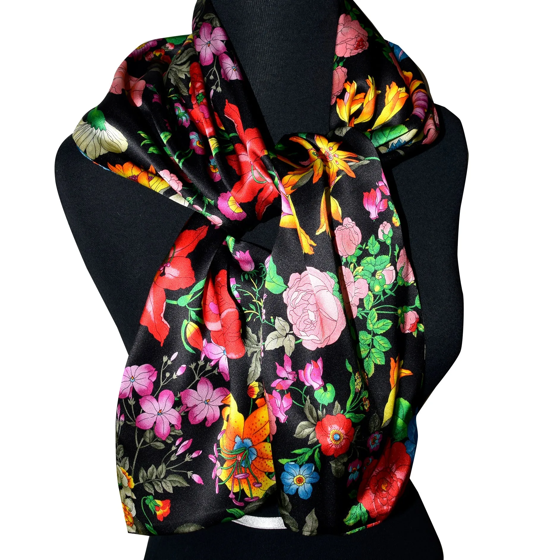 One of a Kind Multicolor Floral Printed Charmeuse Reversible Silk Scarf