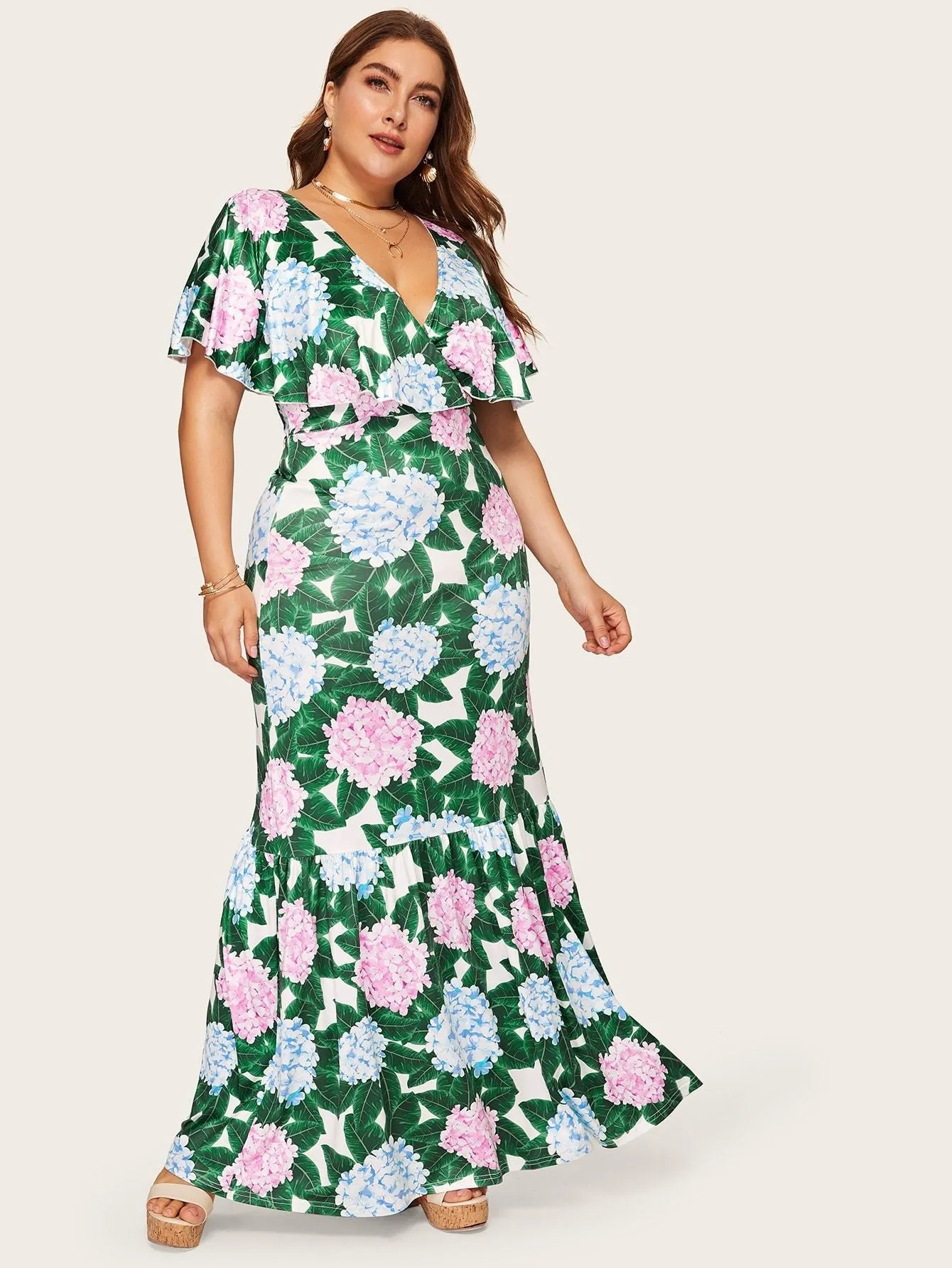 Plus Floral Print Surplice Front Ruffle Dress