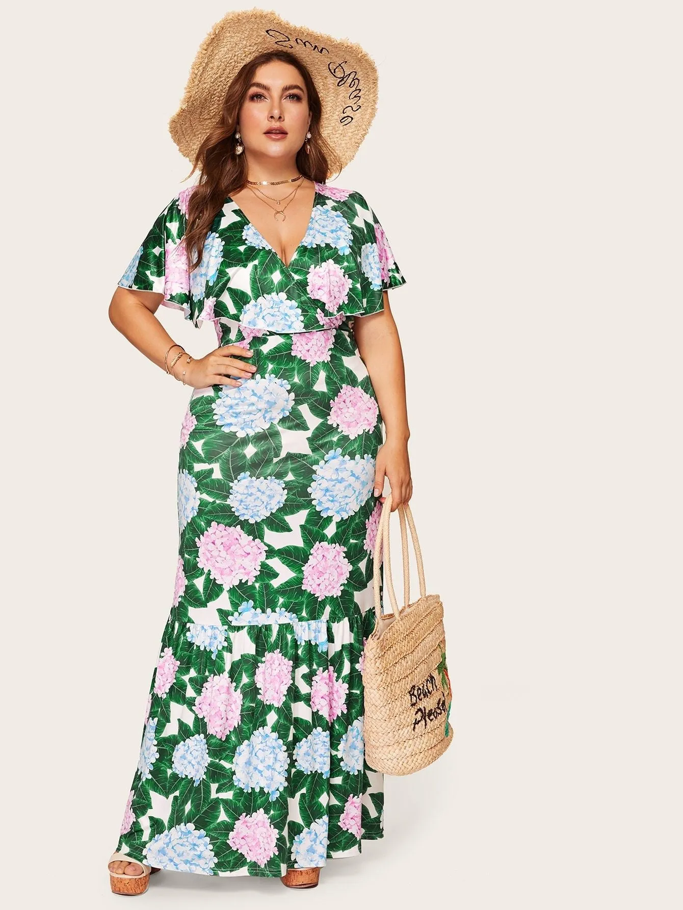 Plus Floral Print Surplice Front Ruffle Dress