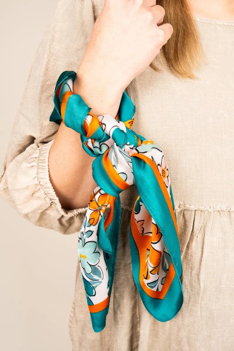 Poetic Petals Teal Square Satin Scarf