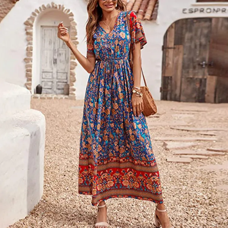 Printed Resort Casual Short Sleeve Boho Swing Maxi Dresses Wholesale Bohemian Dress For Women